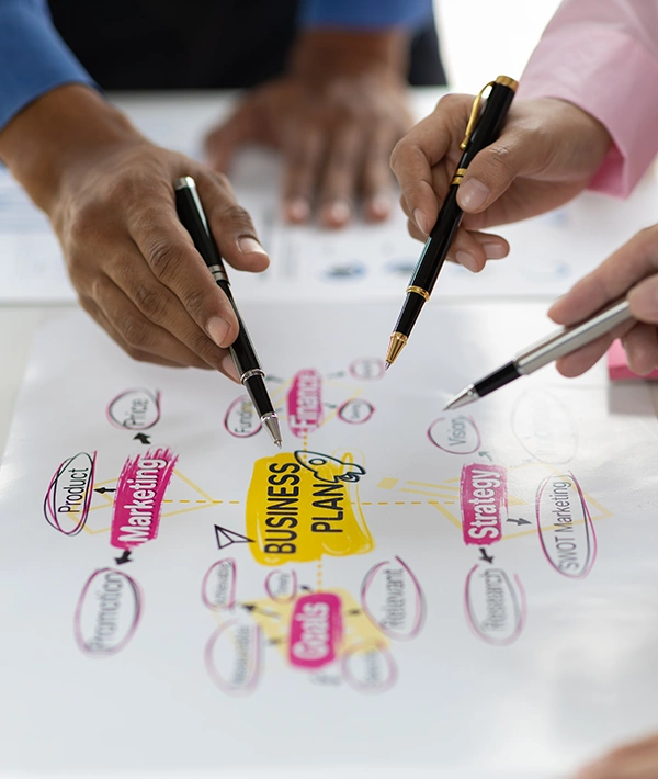 Business team pointing to a strategic business plan diagram covering marketing, finance, and goals